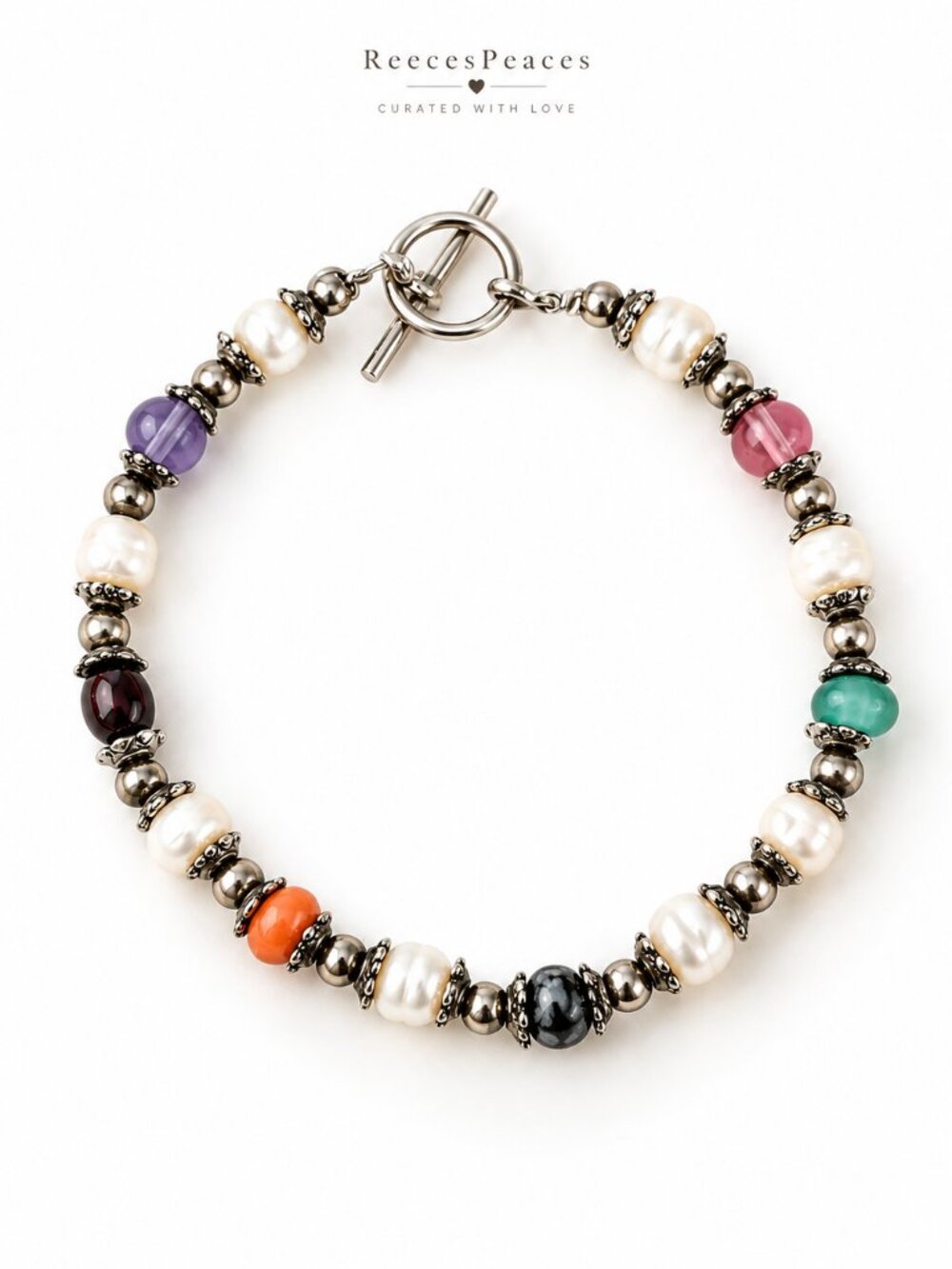 Freshwater Pearl Bracelet Multicolour Glass Beads Silver Toggle